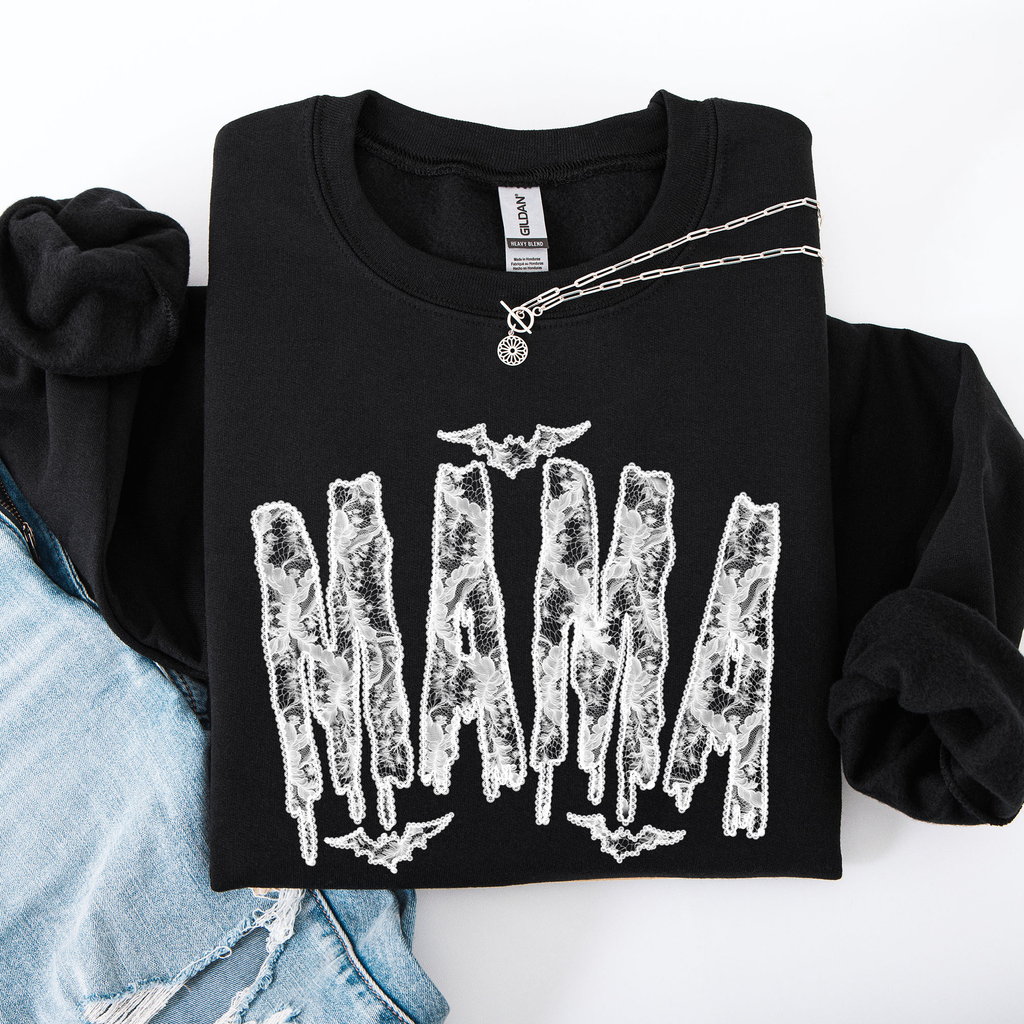 Mama Faux Lace Halloween Coquette Inspired Vintage Gothic Graphic Cozy Sweatshirt