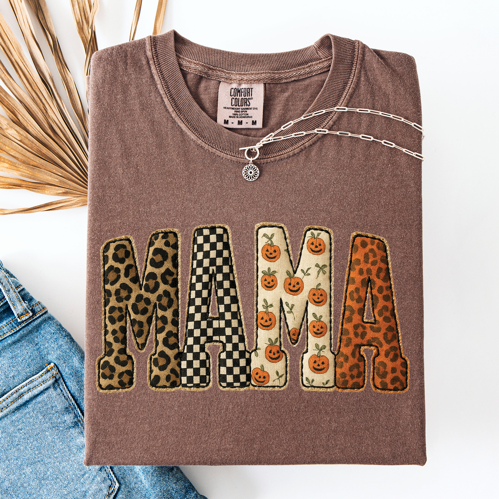 Mama Halloween Pattern Leopard Print Checkered Pumpkin Seasonal Comfort Colors Tee