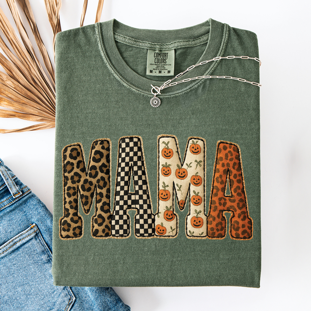 Mama Halloween Pattern Leopard Print Checkered Pumpkin Seasonal Comfort Colors Tee