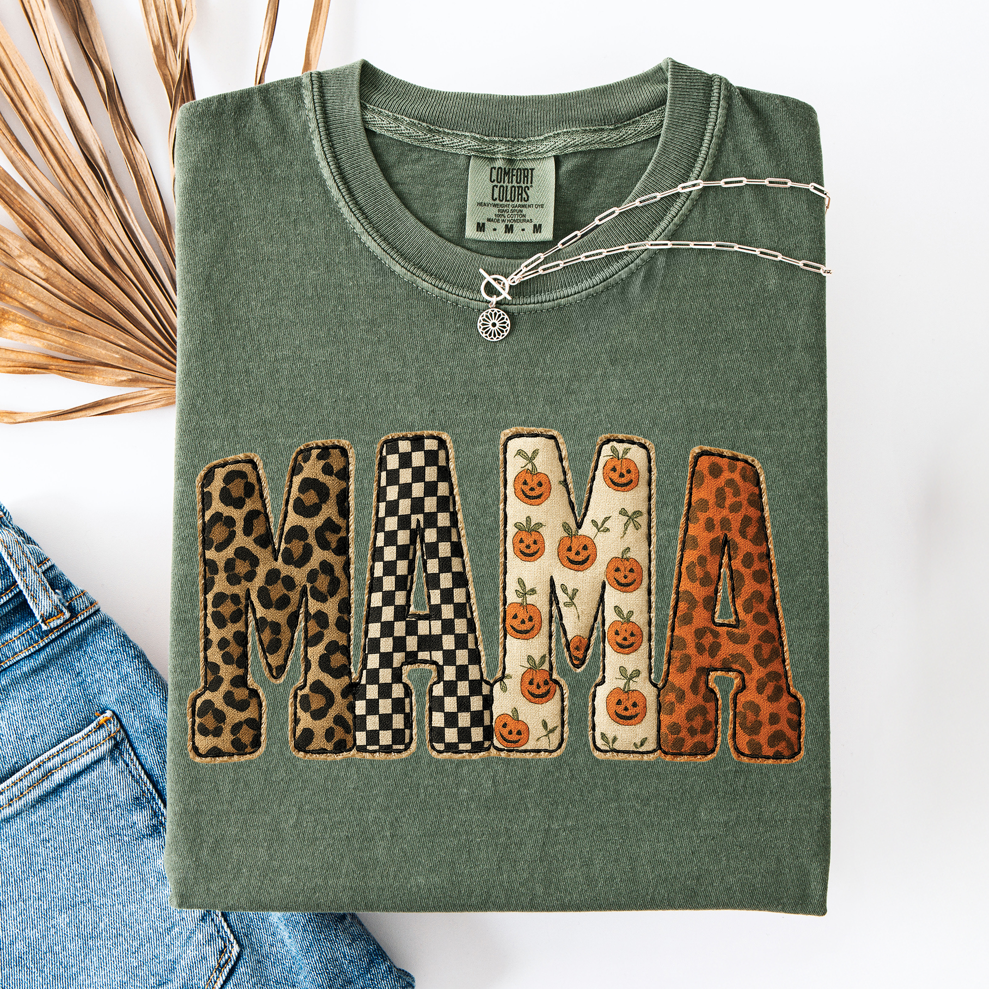 Mama Halloween Pattern Leopard Print Checkered Pumpkin Seasonal Comfort Colors Tee
