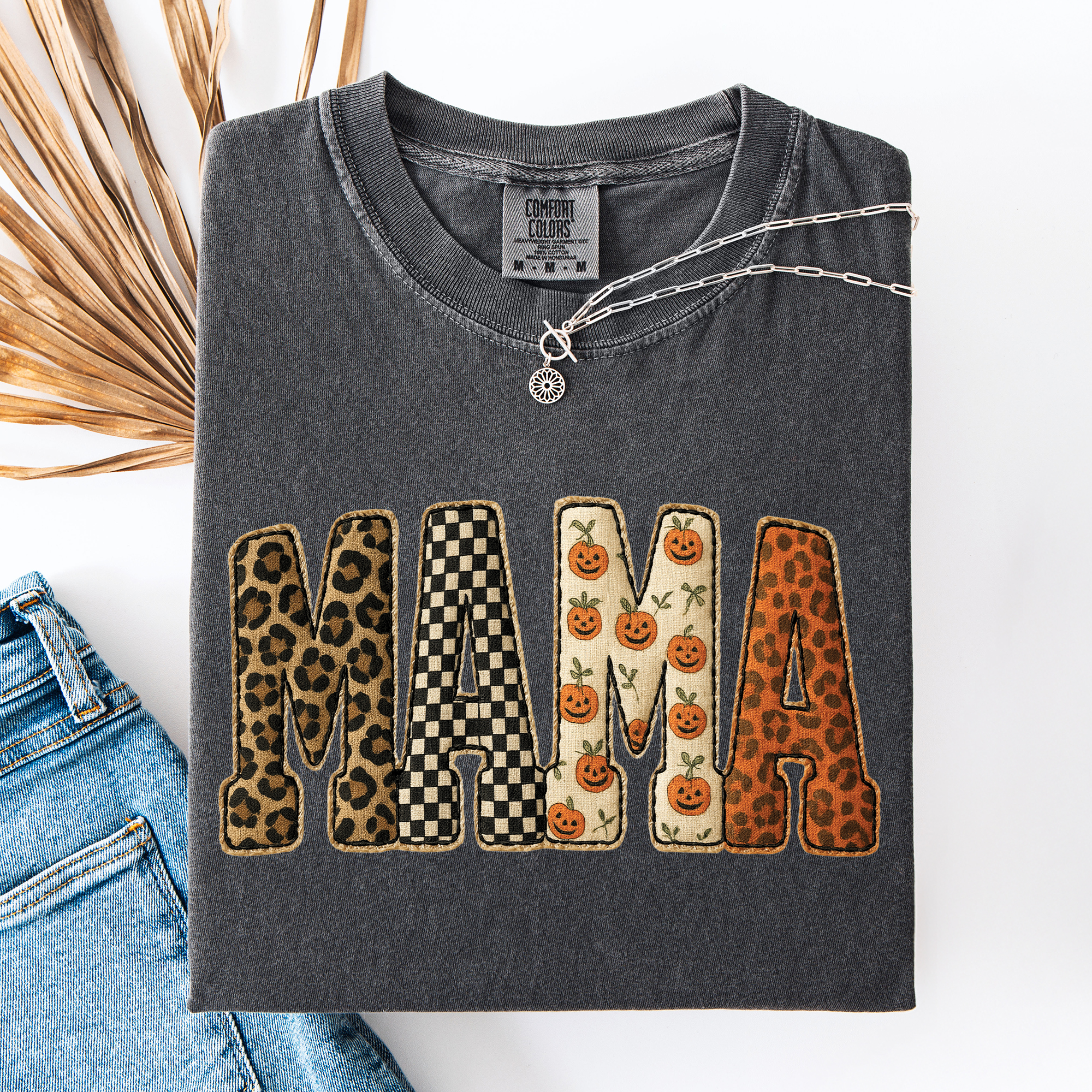 Mama Halloween Pattern Leopard Print Checkered Pumpkin Seasonal Comfort Colors Tee