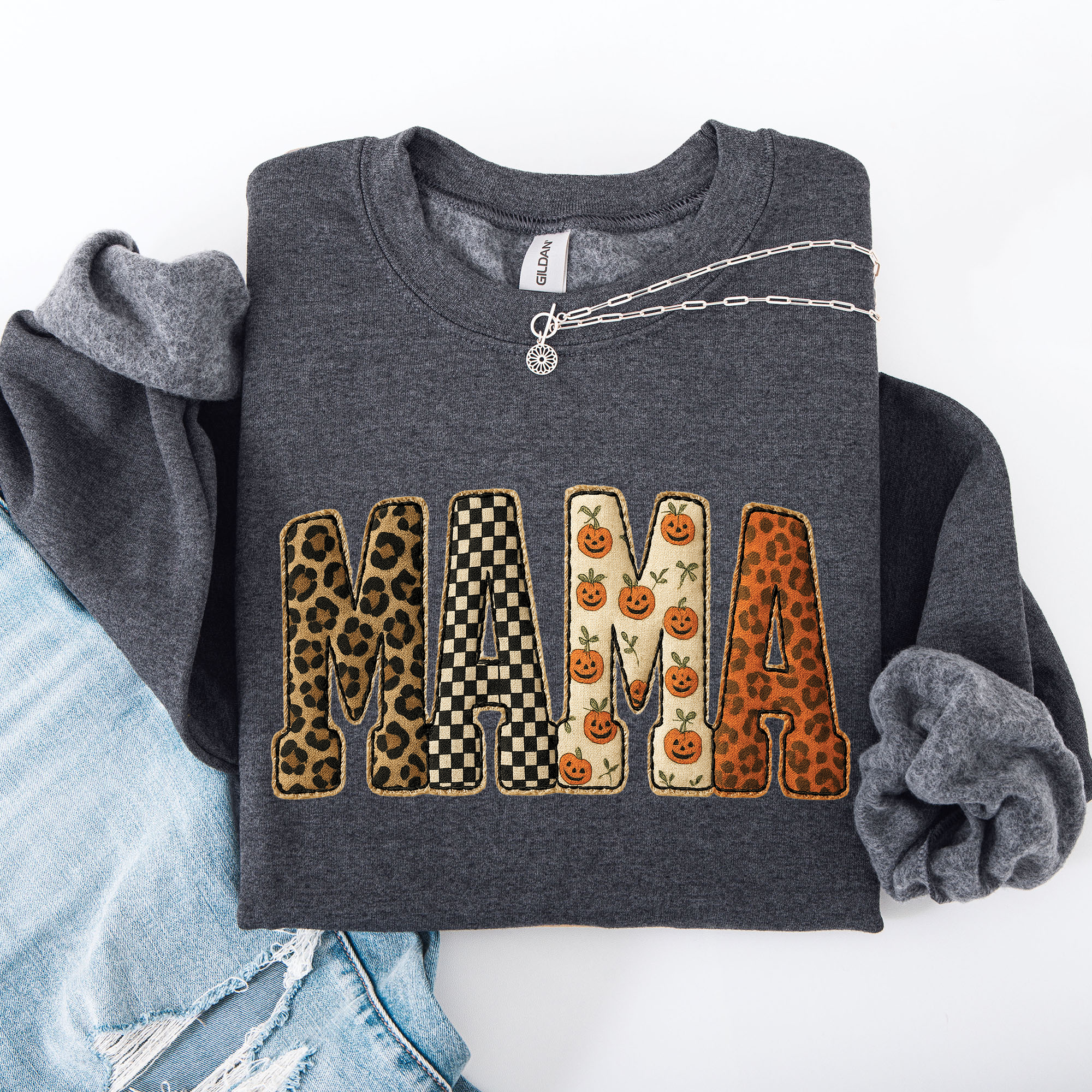 Vintage Mama Halloween Patchwork Leopard Print Checkered Pumpkin Pattern Sweatshirt