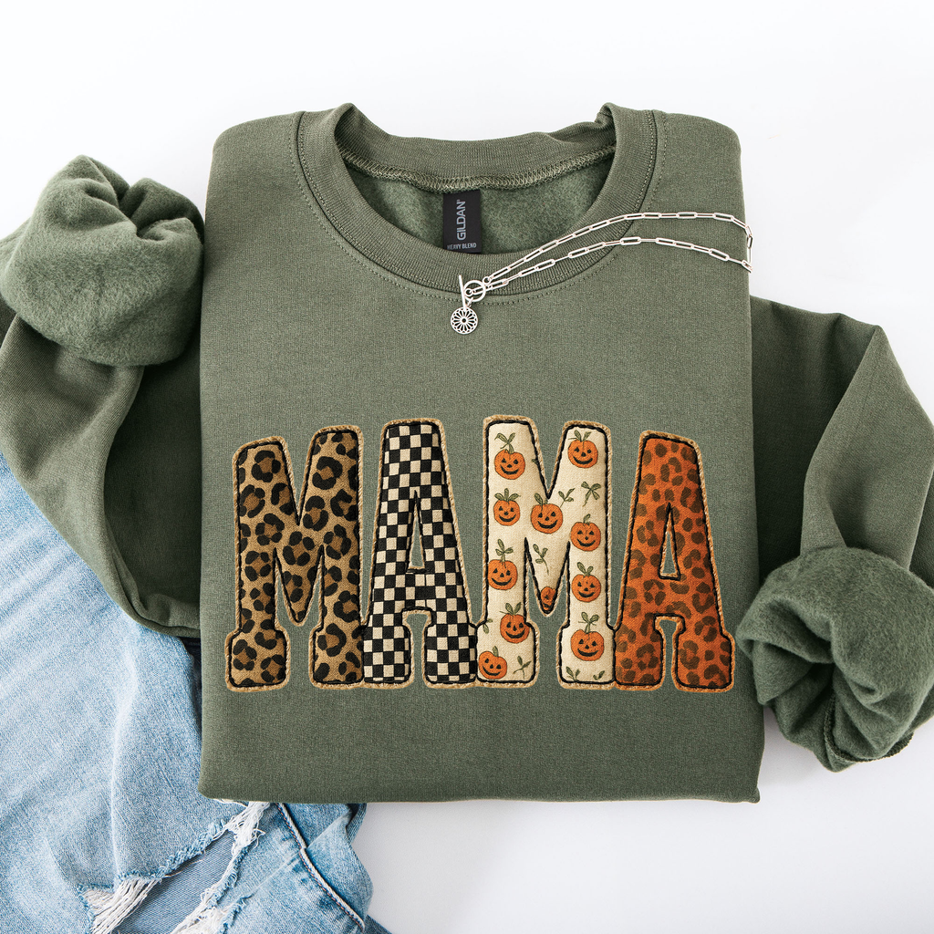 Vintage Mama Halloween Patchwork Leopard Print Checkered Pumpkin Pattern Sweatshirt