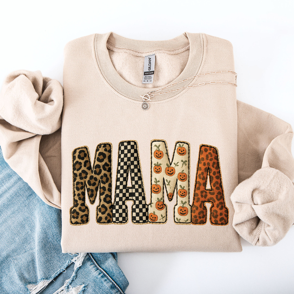 Vintage Mama Halloween Patchwork Leopard Print Checkered Pumpkin Pattern Sweatshirt