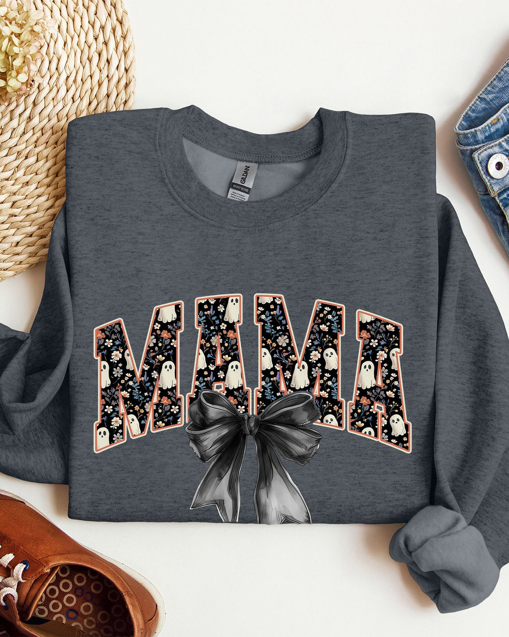 Mama Halloween Bow Ribbon Goth Spooky Witch Varsity Collegiate Graphic Sweatshirt