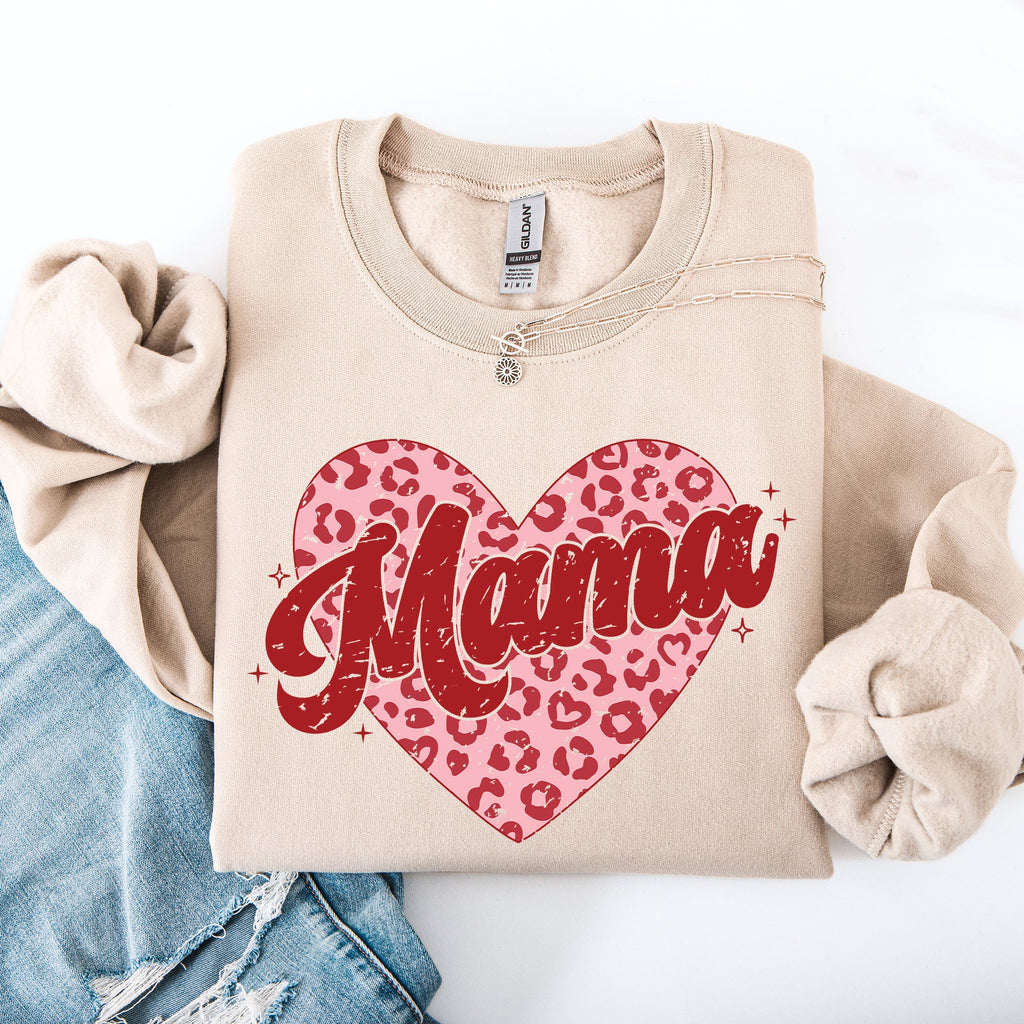 Mama Leopard Print Hearts Valentine's Day Love Pattern For Moms Cozy Fleece Sweatshirt