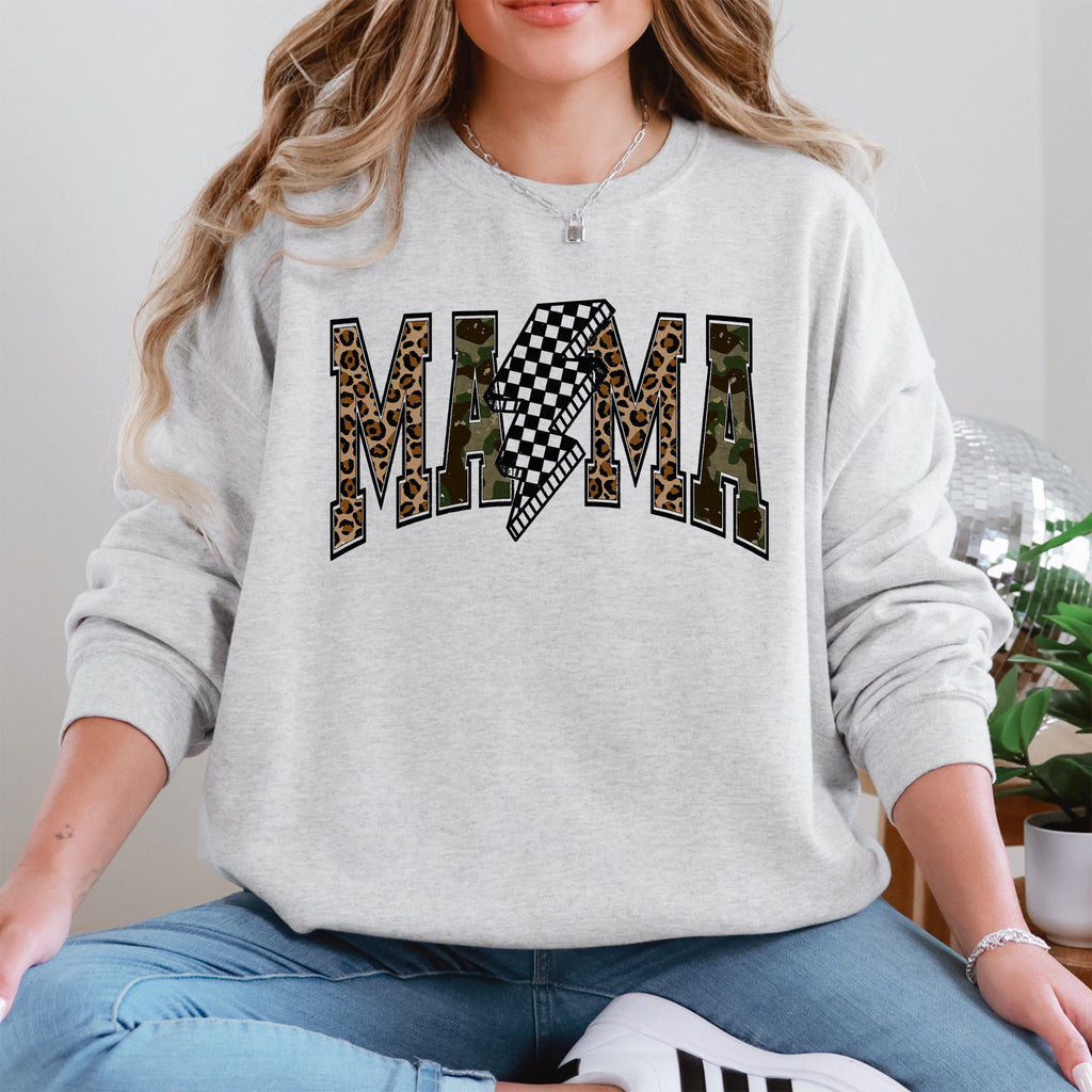 Mama Leopard Print Camouflage Checkered Lightning Bolt Mother's Day Edition Cozy Sweatshirt