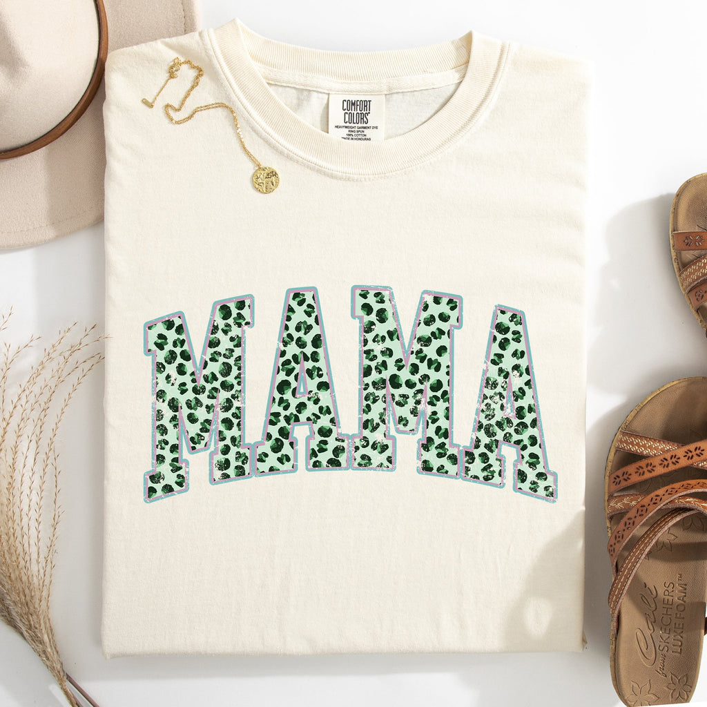 Mama Leopard Print Collegiate Leprechaun Shamrock Clover St Patrick's Day Comfort Colors Tee