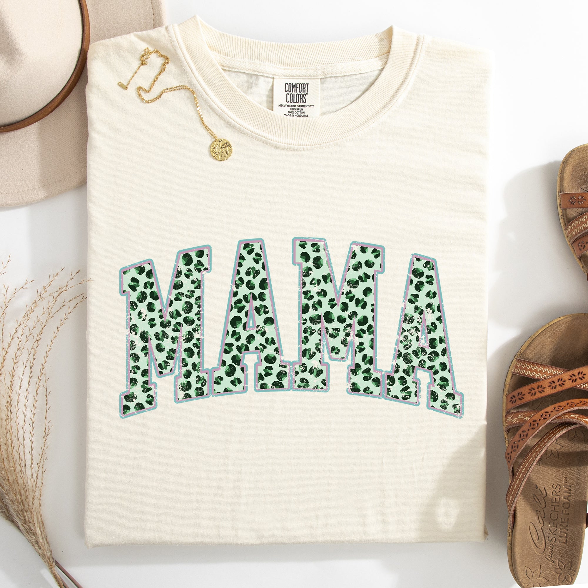 Mama Leopard Print Collegiate Leprechaun Shamrock Clover St Patrick's Day Comfort Colors Tee