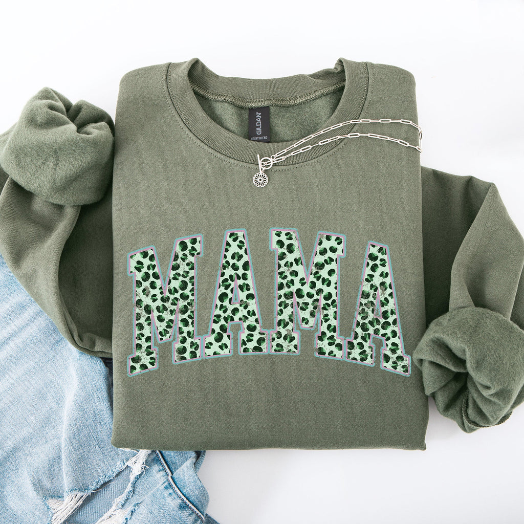 Mama Leopard Print Collegiate Varsity St Patrick's Day Shamrock Clover Lucky Leprechaun Sweatshirt