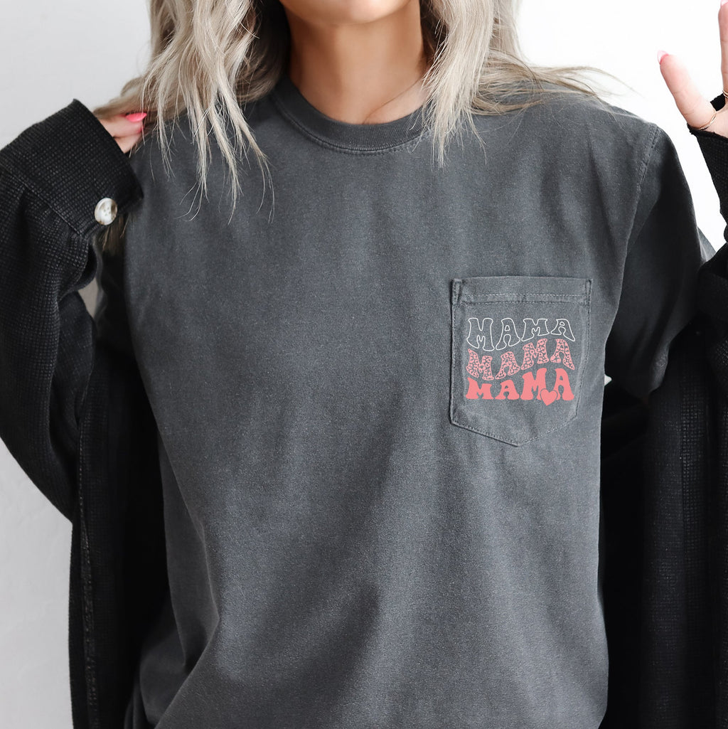 Mama, Leopard, Heart Vintage-Style Graphic With Retro Lettering And Soft Hand-Drawn Look Pocket Tee