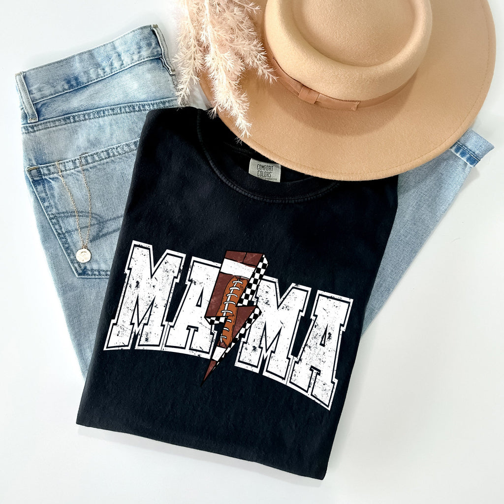 Mama Lightning Bolt Checkered Football Sports Game Day Tailgate Party Comfort Colors Tee