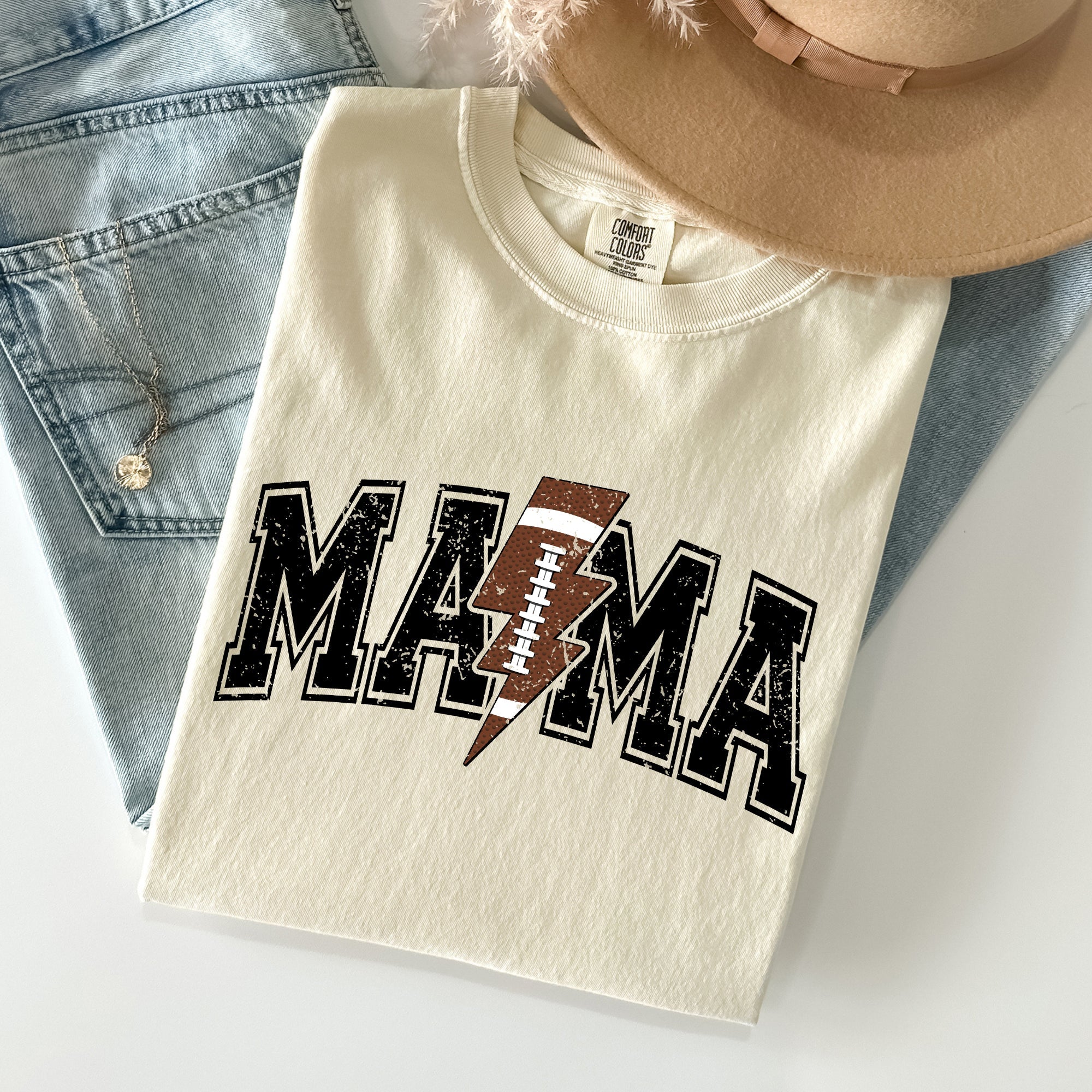 Mama Lightning Bolt Football Sports Game Day Big Game Touchdown Tailgate Party Comfort Colors Tee