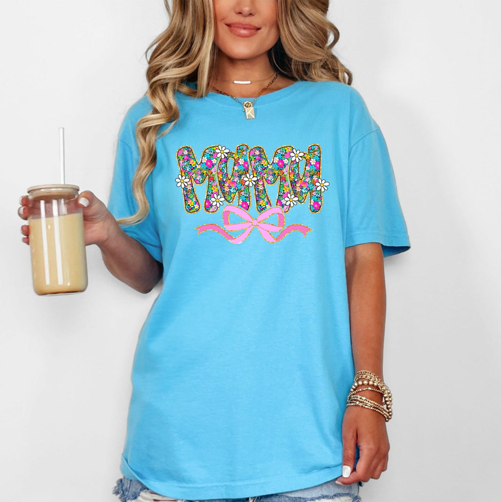Mama Floral Ribbon Bow Mother's Day Pastel Bouquet Bright Colorful Flowers Comfort Colors Tee