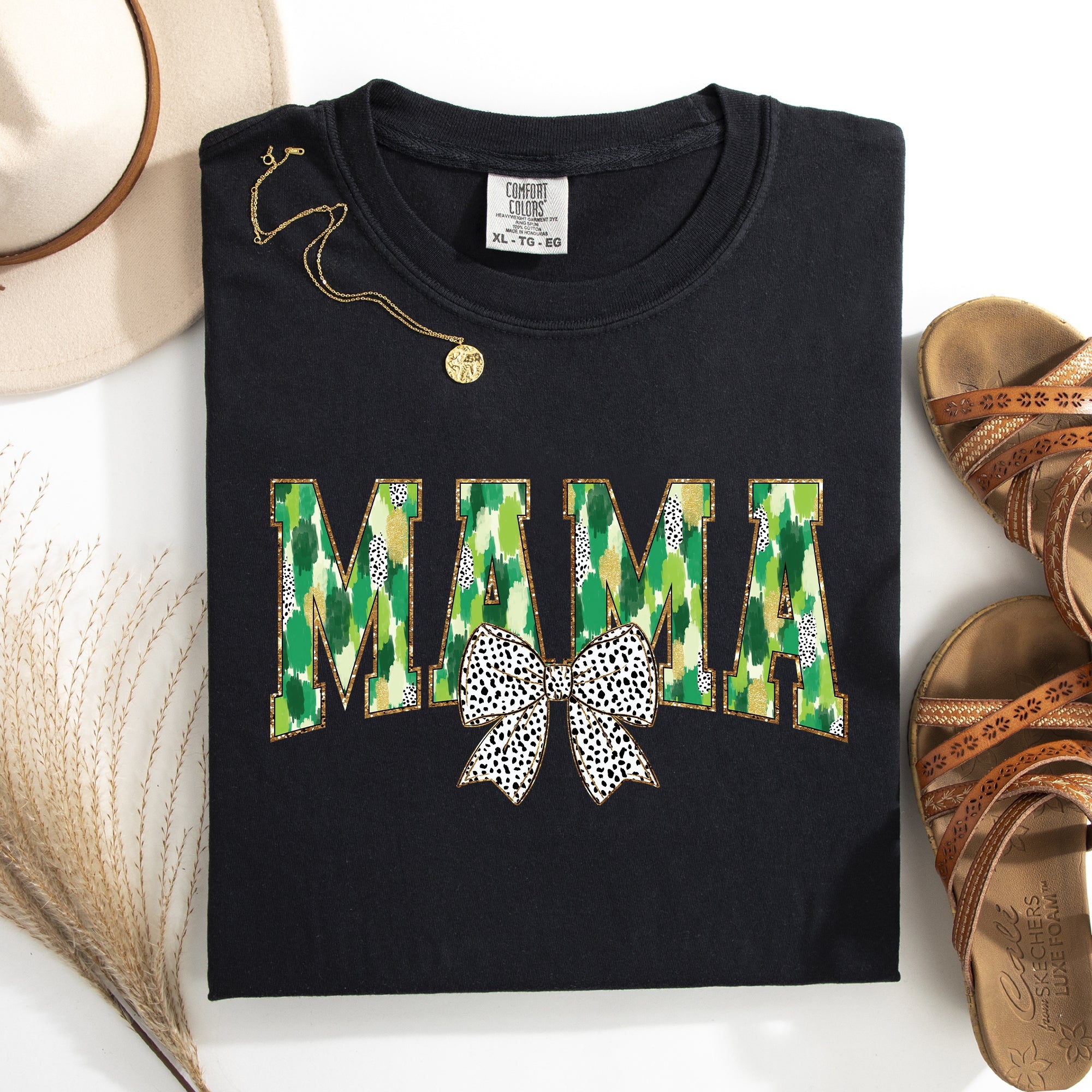 Mama Painted Dalmatian Bow St Patrick's Day Shamrock Clover Lucky Leprechaun Comfort Colors Tee