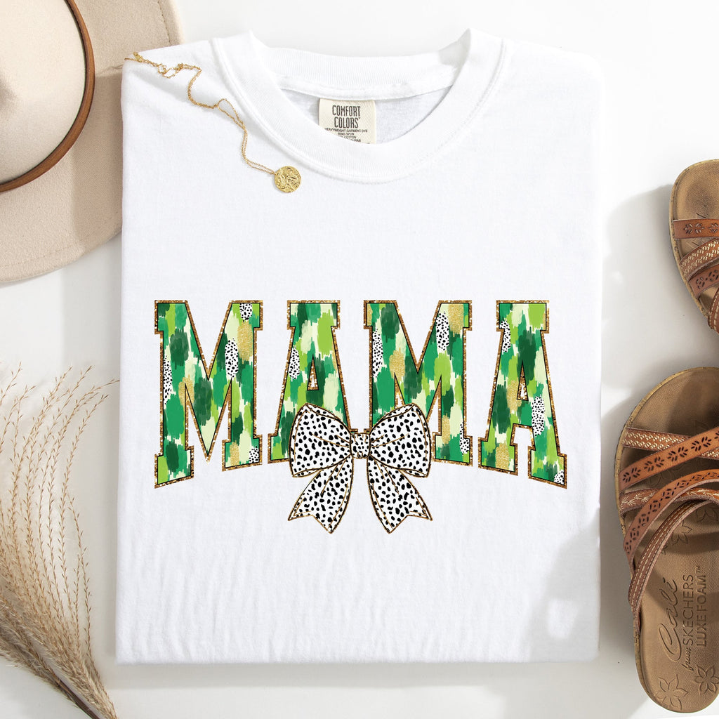 Mama Painted Dalmatian Bow St Patrick's Day Shamrock Clover Lucky Leprechaun Comfort Colors Tee