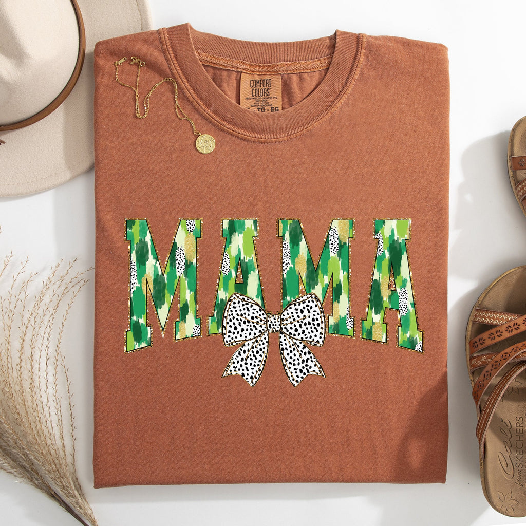Mama Painted Dalmatian Bow St Patrick's Day Shamrock Clover Lucky Leprechaun Comfort Colors Tee