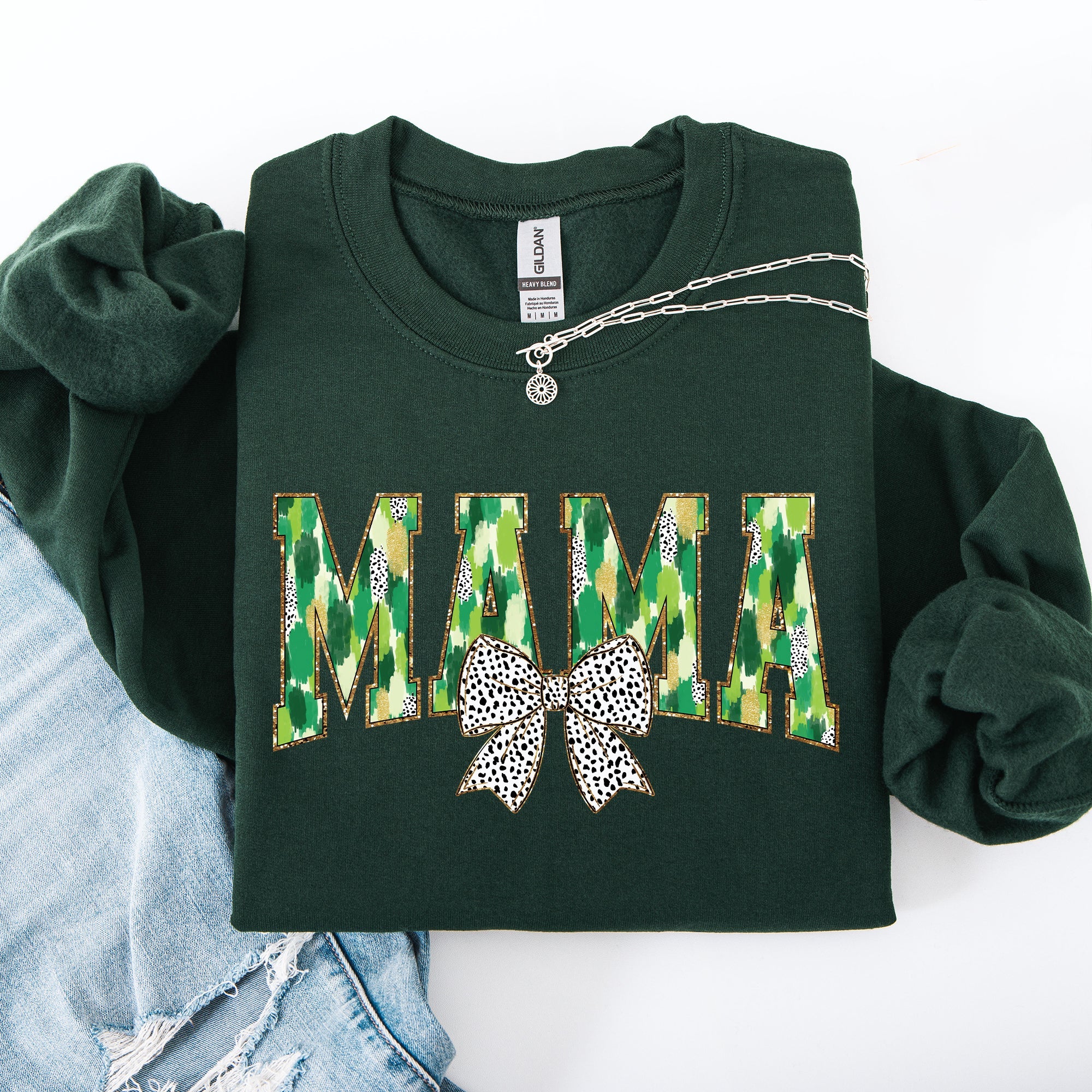 Mama Painted Dalmatian Bow St Patrick's Day Shamrock Clover Lucky Leprechaun Sweatshirt