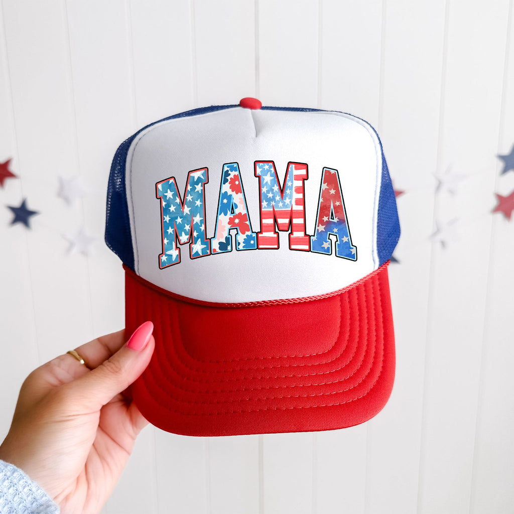Mama Pattern Patriotic Flag Inspired Bold Lettering Vintage Style Americana Motif Snapback Trucker Hat