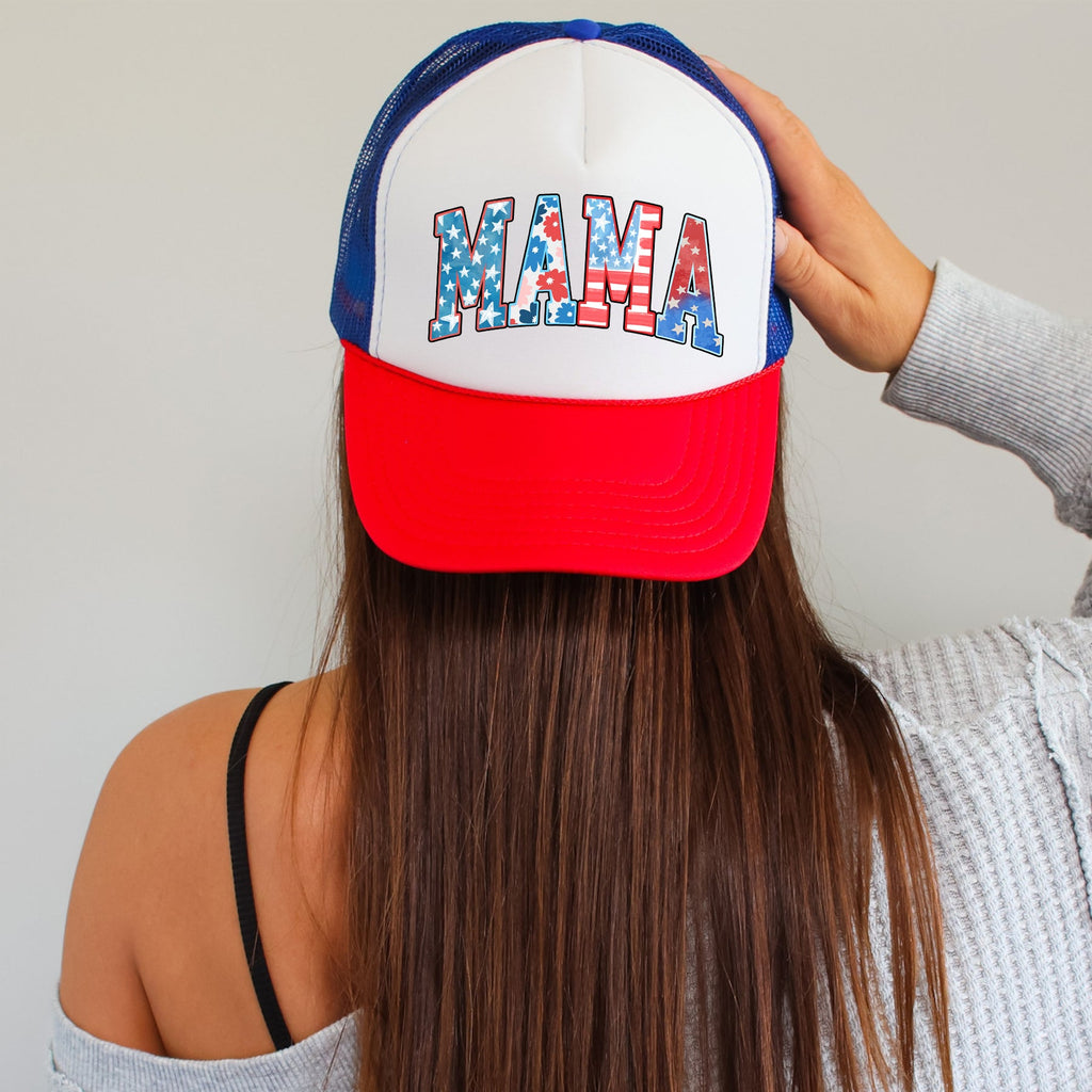 Mama Pattern Patriotic Flag Inspired Bold Lettering Vintage Style Americana Motif Snapback Trucker Hat