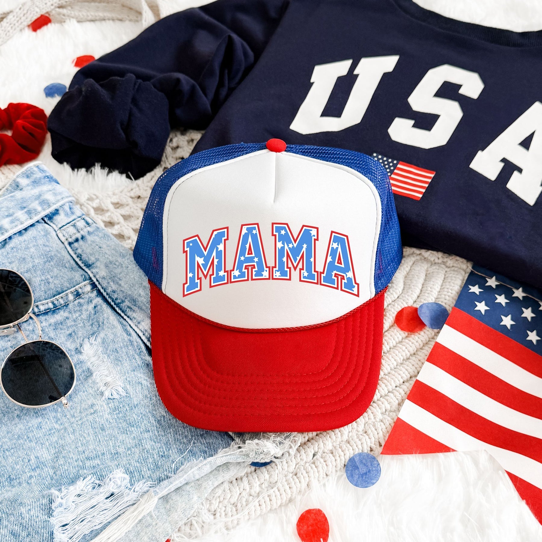 Mama, Stars, Patriotic Americana Theme Celebrating Independence Day And Proud Patriot Spirit Trucker Hat