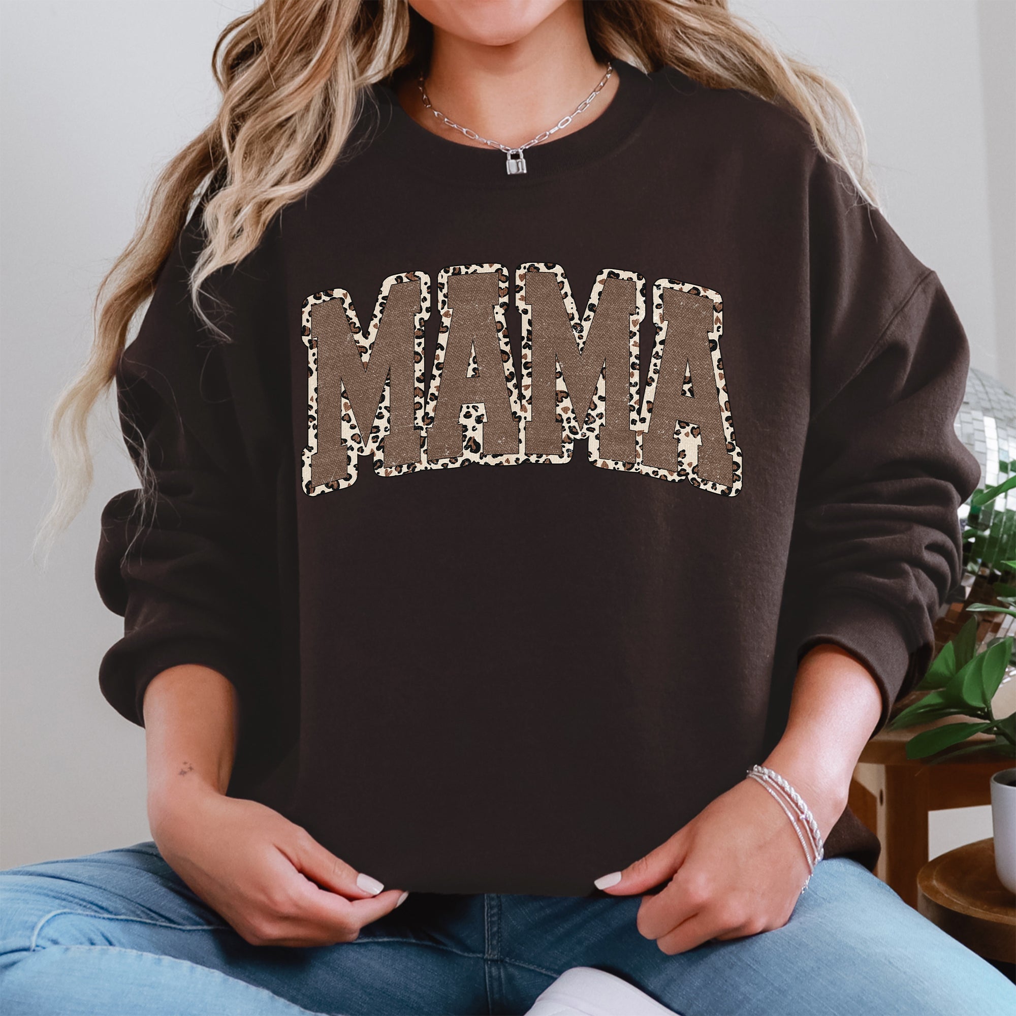 Mama Textured Leopard Print Mother's Day Retro Varsity Cozy Casual Classic Sweatshirt