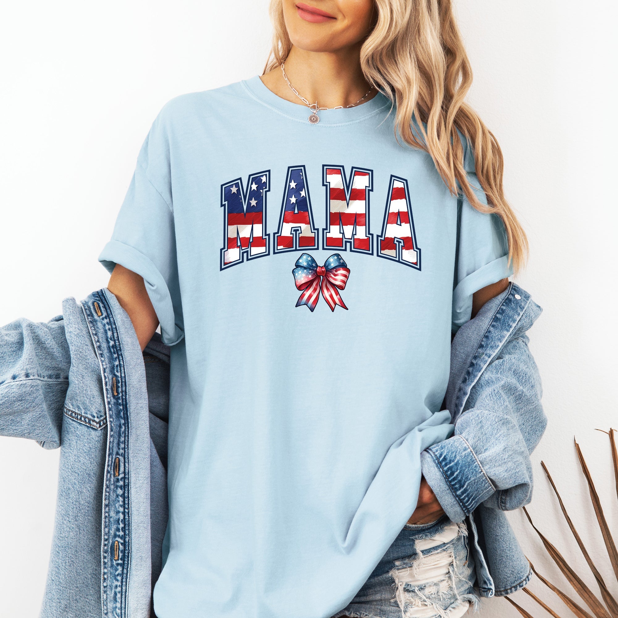 Mama USA Flag Patriotic Varsity Bow Ribbon America 4th Of July Comfort Colors Tee