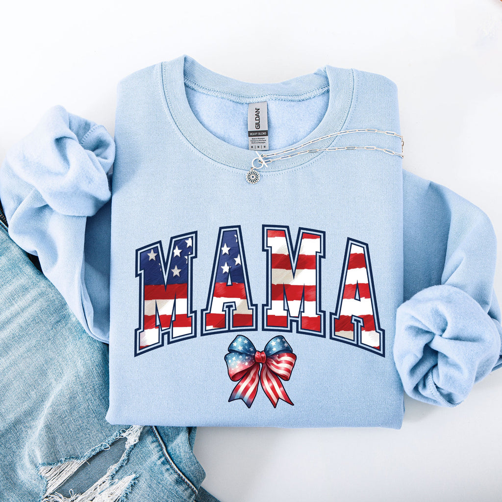 Mama USA Flag Patriotic Varsity Bow Ribbon America 4th Of July Americana Pride Sweatshirt