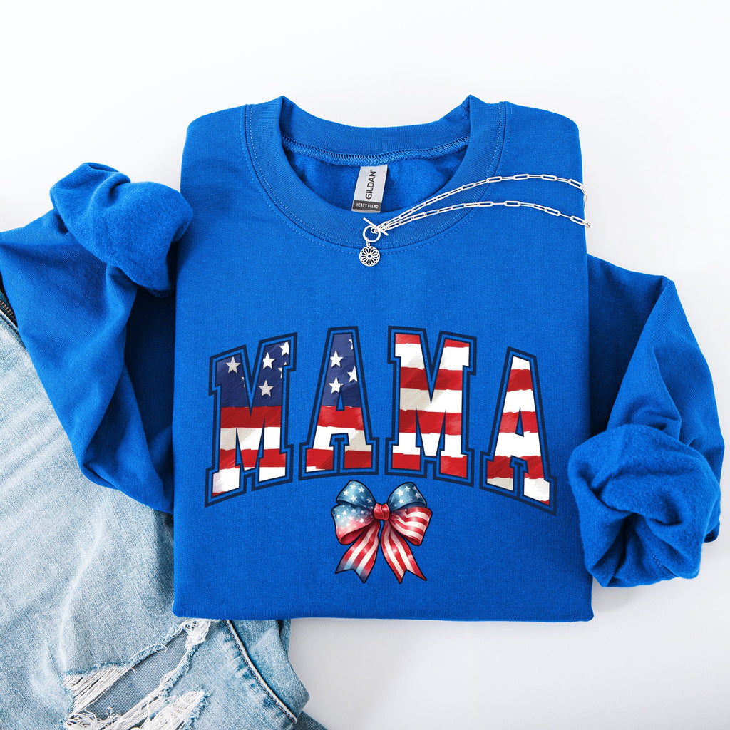 Mama USA Flag Patriotic Varsity Bow Ribbon America 4th Of July Americana Pride Sweatshirt