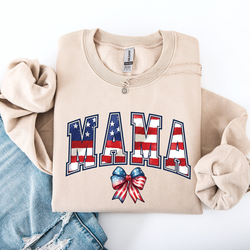 Mama USA Flag Patriotic Varsity Bow Ribbon America 4th Of July Americana Pride Sweatshirt