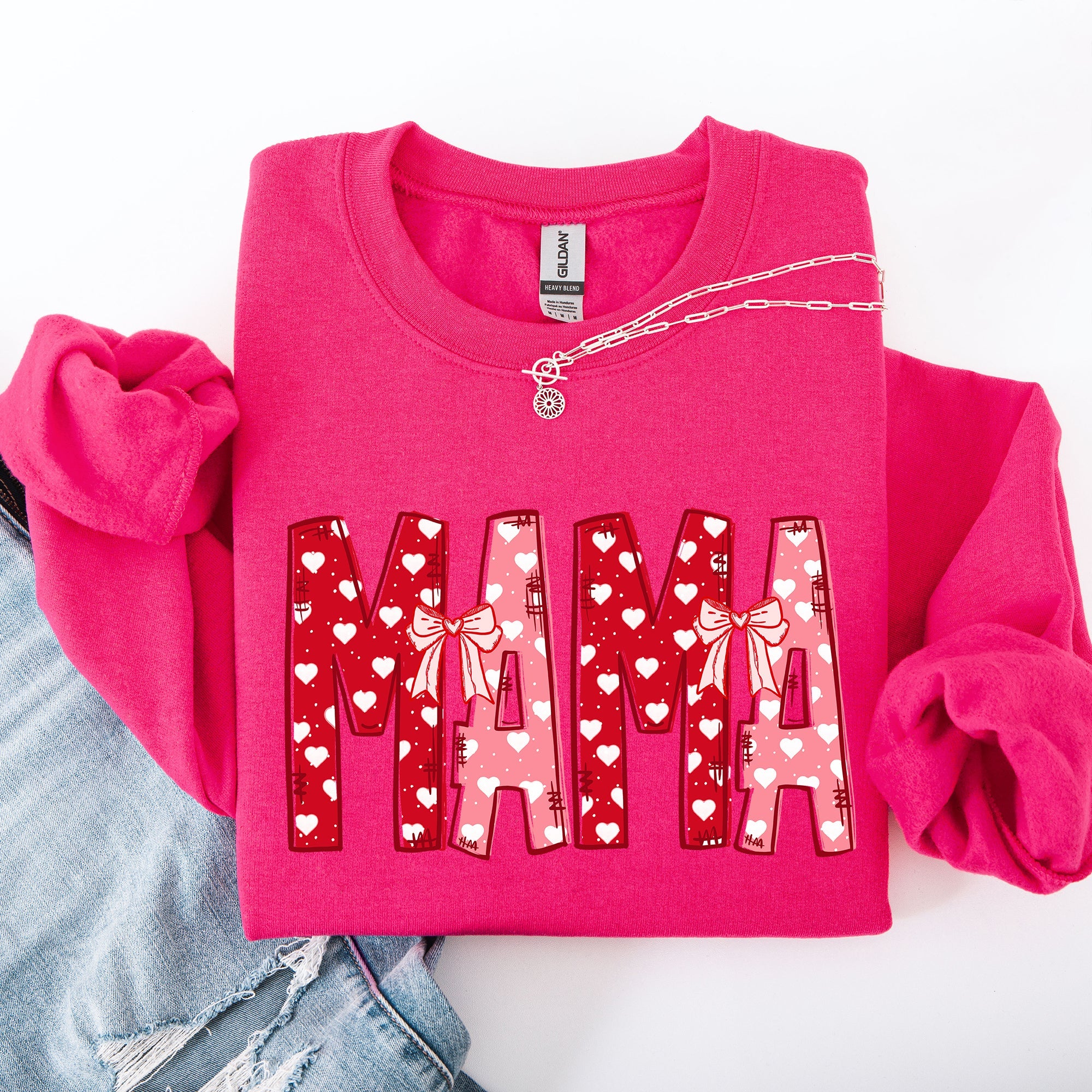 Mama Valentine's Day Ribbons Hearts Love Cozy Elegant Classic Fit Statement Sweatshirt