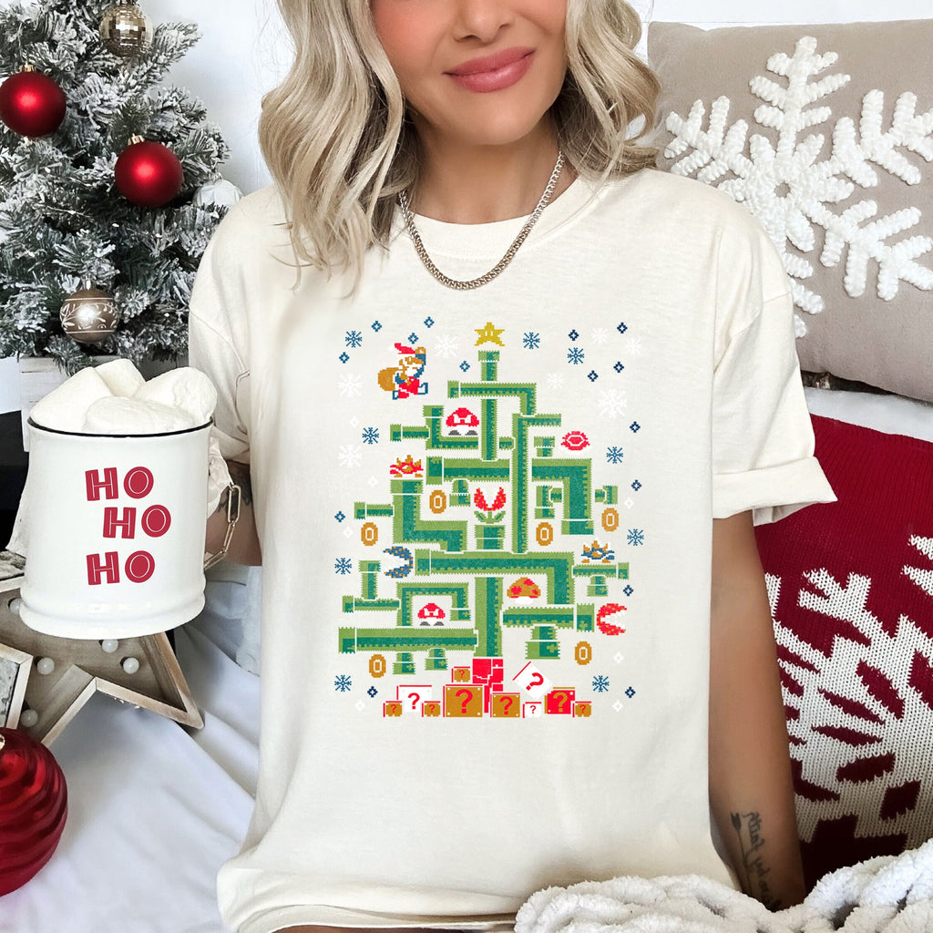 Mario Christmas Retro Classic Video Game Super Pixel Art Nostalgia Edition Comfort Colors Tee