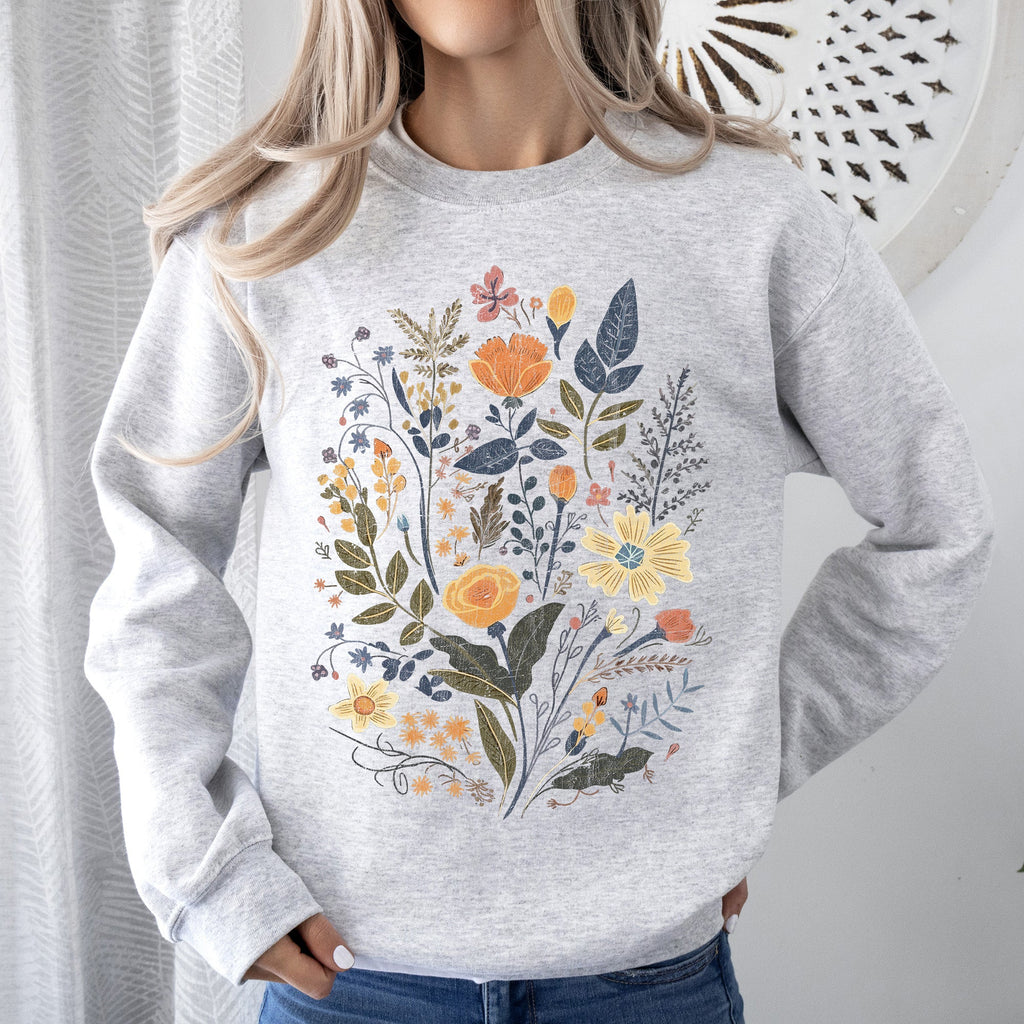 Meadow Magic Soft Floral Print Delicate Blossoms On Cozy Knit Vintage Inspired Everyday Wear Sweatshirt