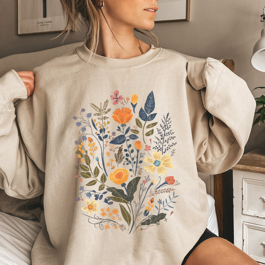 Meadow Magic Soft Floral Print Delicate Blossoms On Cozy Knit Vintage Inspired Everyday Wear Sweatshirt