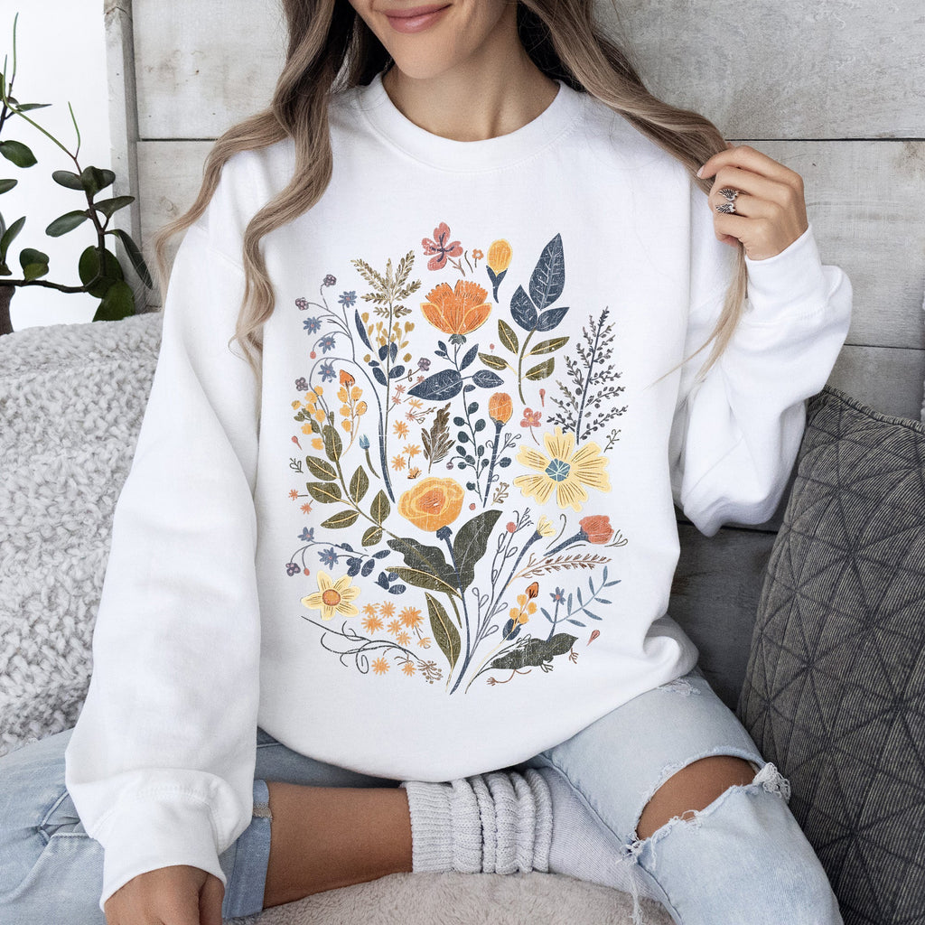 Meadow Magic Soft Floral Print Delicate Blossoms On Cozy Knit Vintage Inspired Everyday Wear Sweatshirt