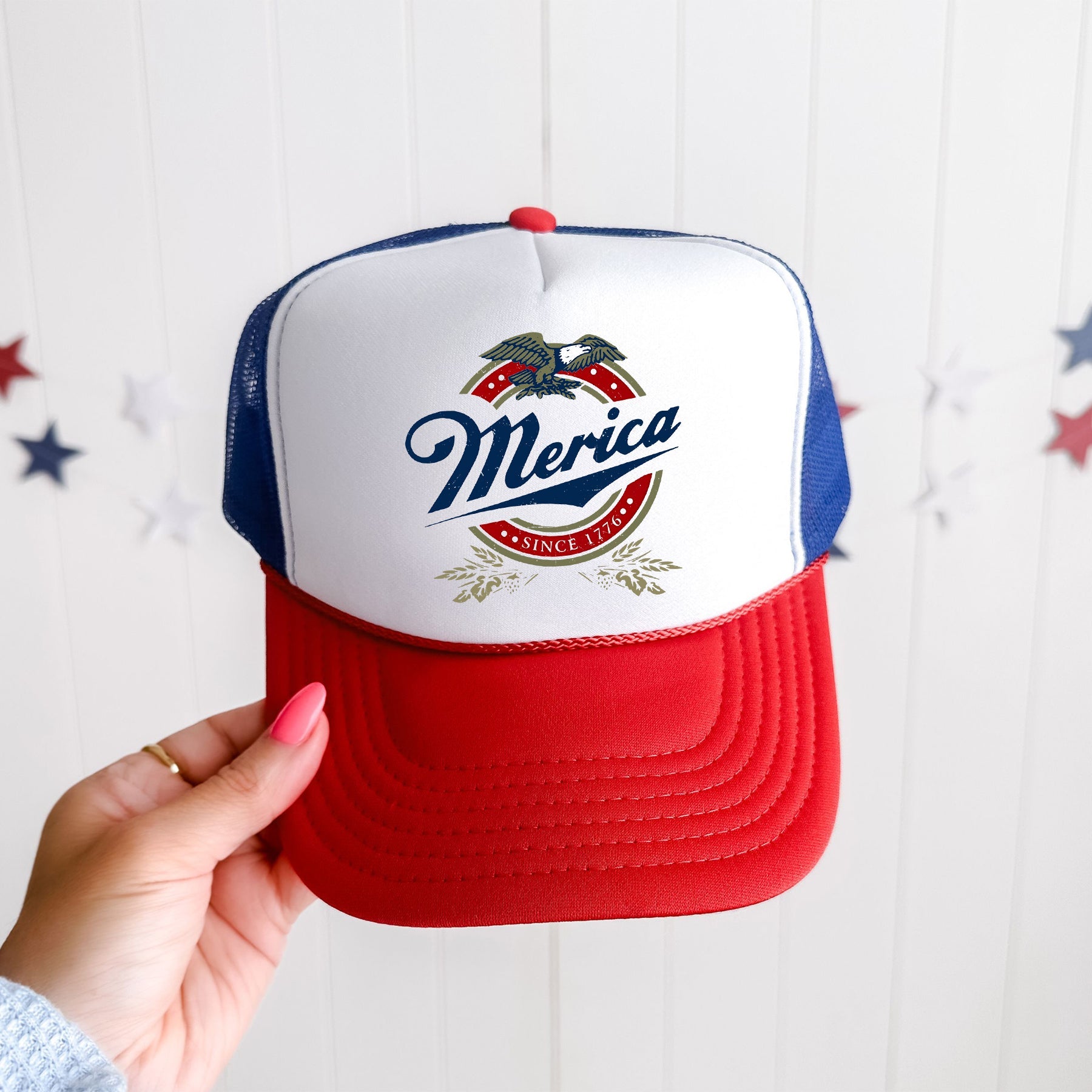 Merica Beer Patriotic American Flag Edition Vintage Distressed Graphic Trucker Hat
