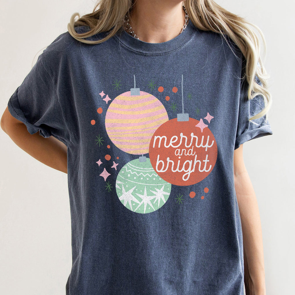 Merry And Bright Pastel Christmas Ornaments Holiday Ornament Pattern Comfort Colors Tee