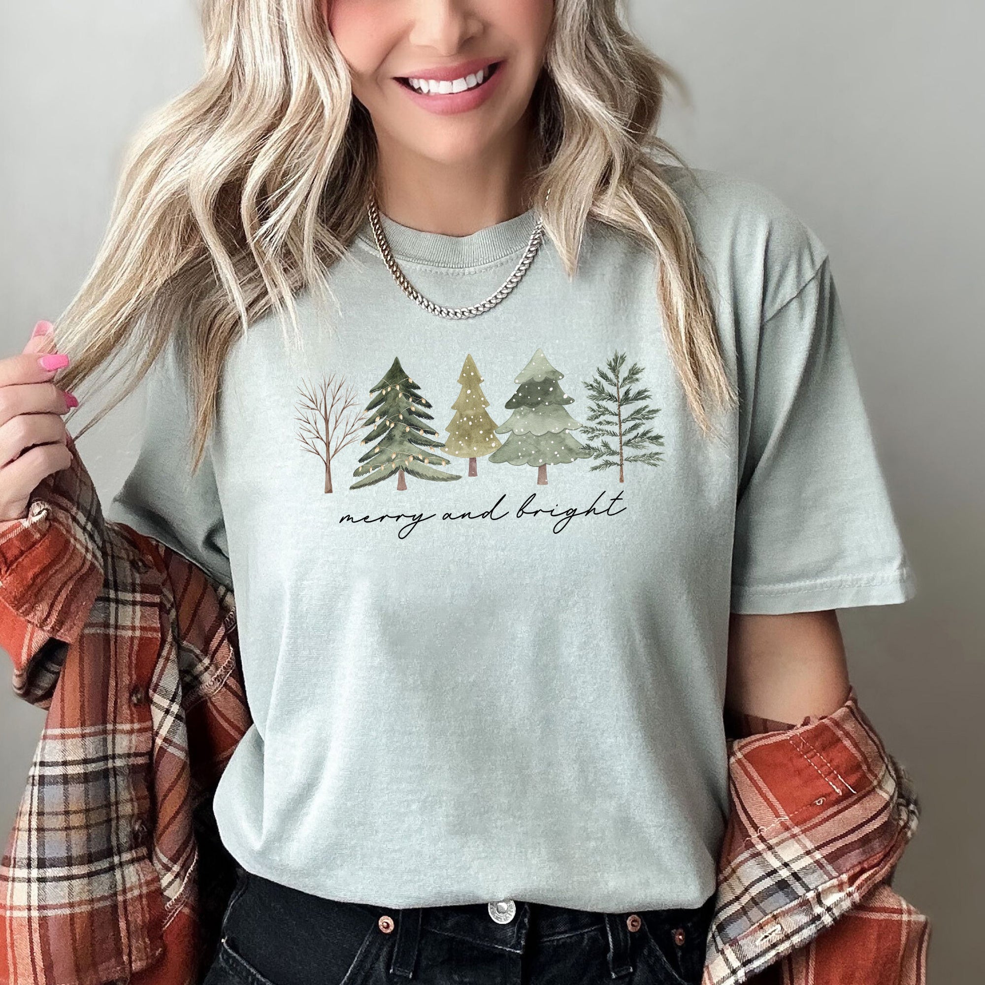 Merry And Bright Watercolor Trees Christmas Illustration Holiday Edition Comfort Colors Tee