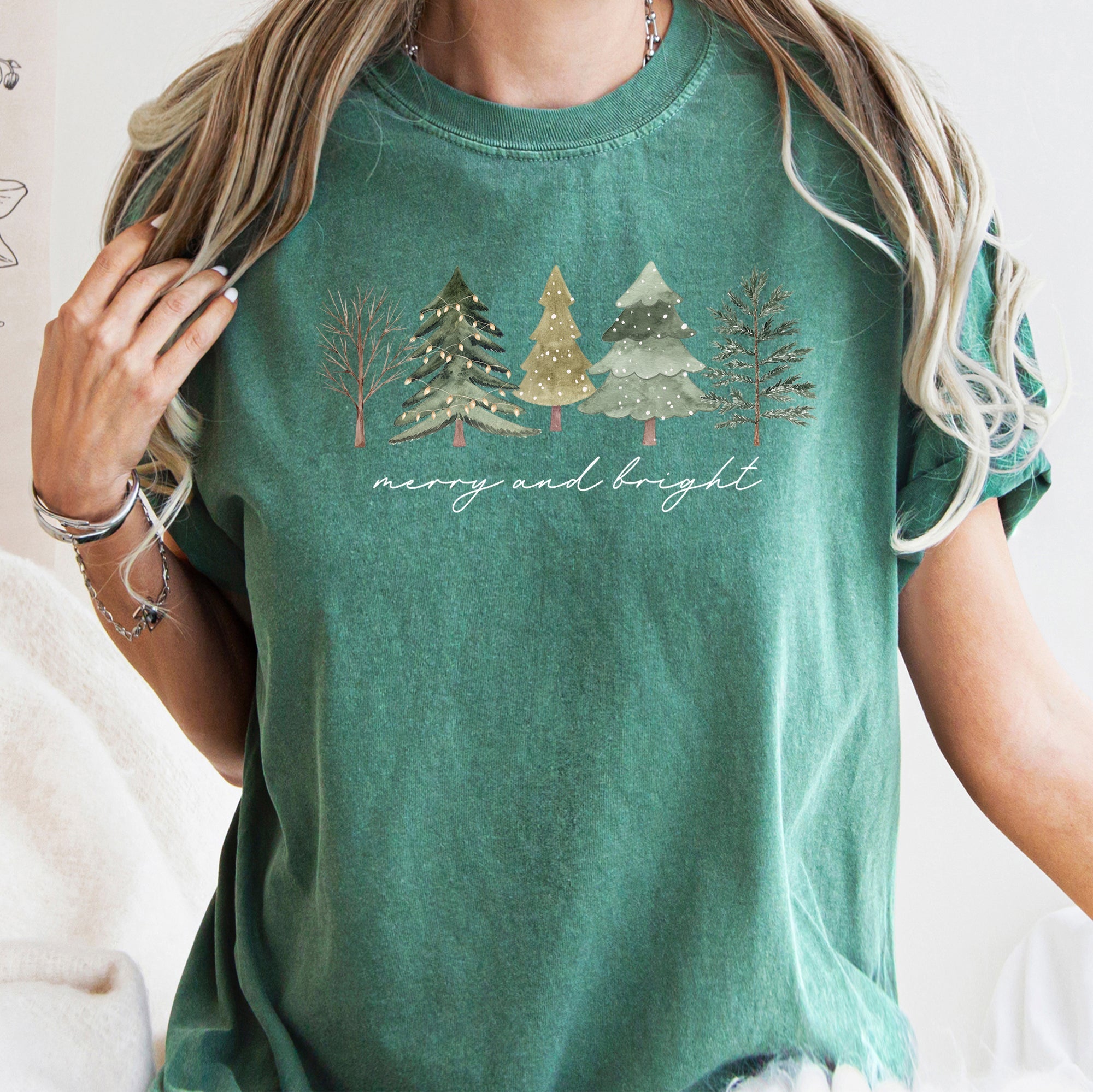Merry And Bright Watercolor Trees Christmas Illustration Holiday Edition Comfort Colors Tee