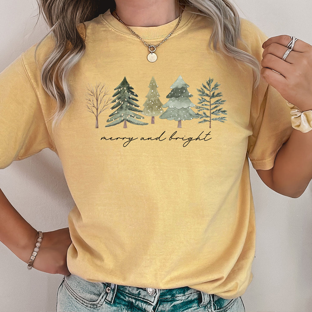 Merry And Bright Watercolor Trees Christmas Illustration Holiday Edition Comfort Colors Tee
