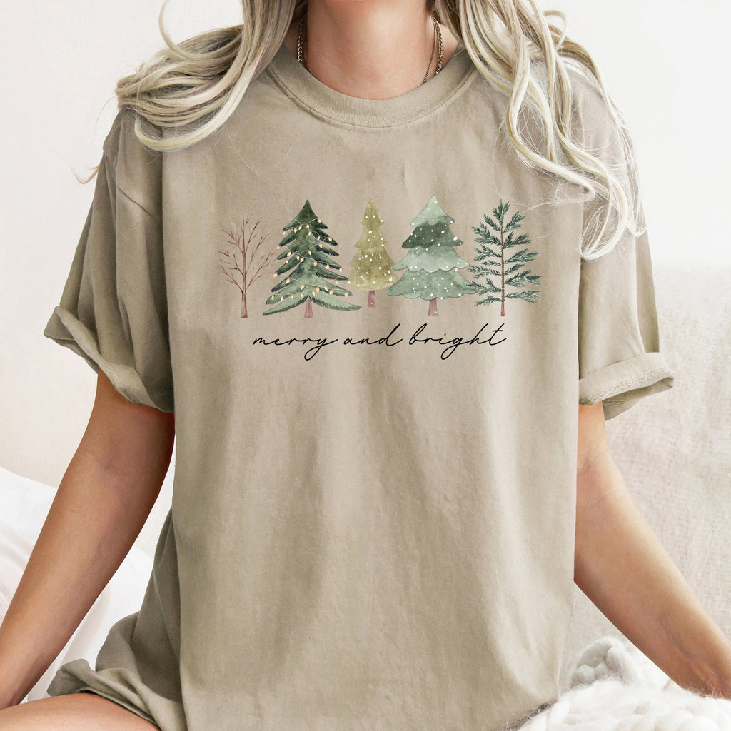 Merry And Bright Watercolor Trees Christmas Illustration Holiday Edition Comfort Colors Tee