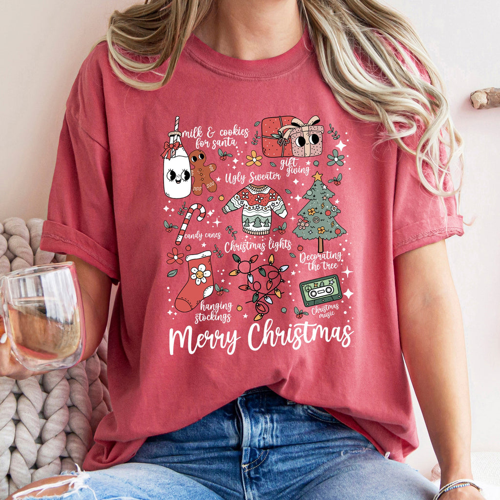 Merry Christmas Doodles Santa Stockings Tree Retro Holiday Edition Comfort Colors Tee