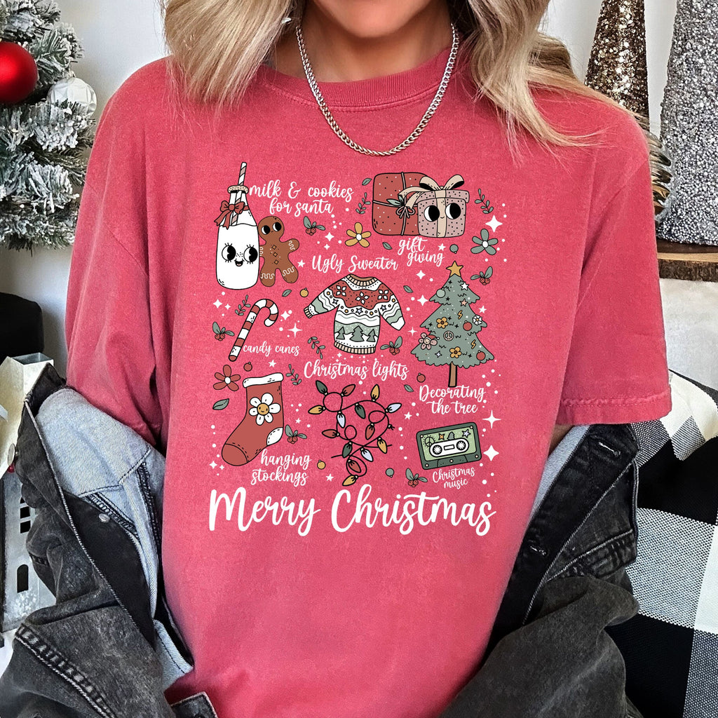 Merry Christmas Doodles Santa Stockings Tree Retro Holiday Edition Comfort Colors Tee