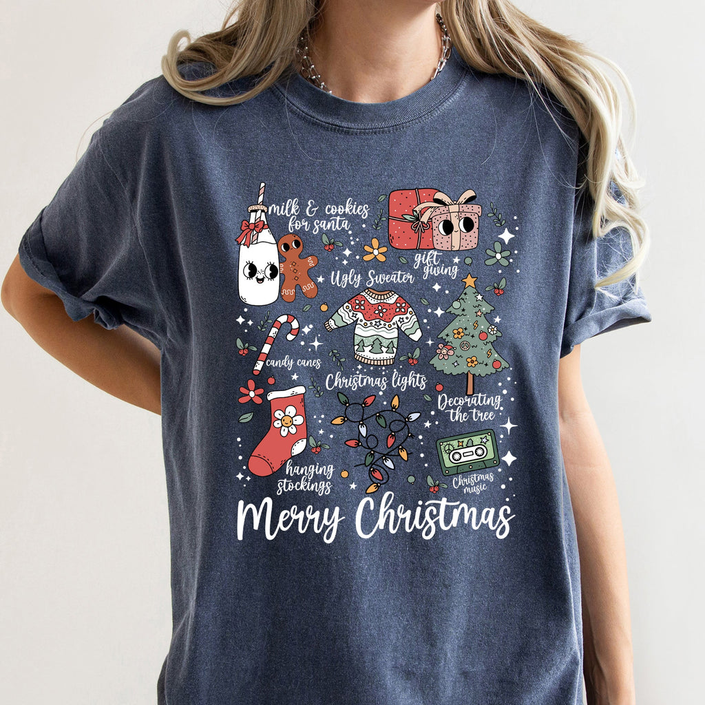 Merry Christmas Doodles Santa Stockings Tree Retro Holiday Edition Comfort Colors Tee