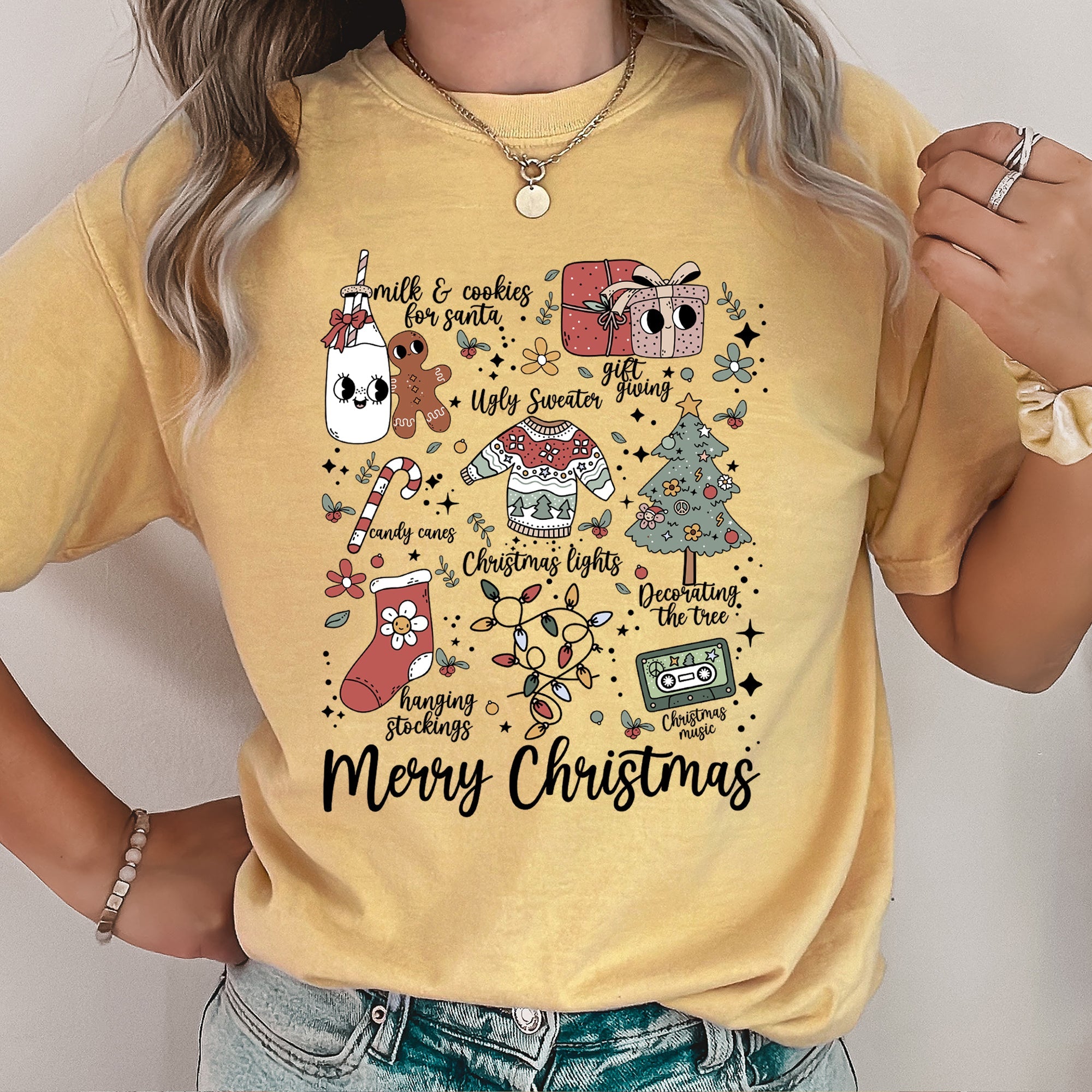 Merry Christmas Doodles Santa Stockings Tree Retro Holiday Edition Comfort Colors Tee