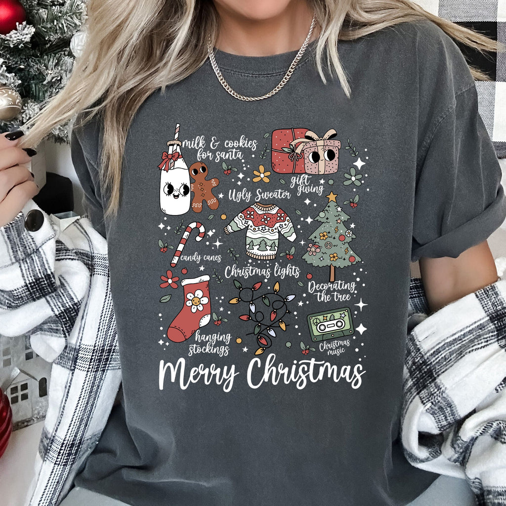 Merry Christmas Doodles Santa Stockings Tree Retro Holiday Edition Comfort Colors Tee