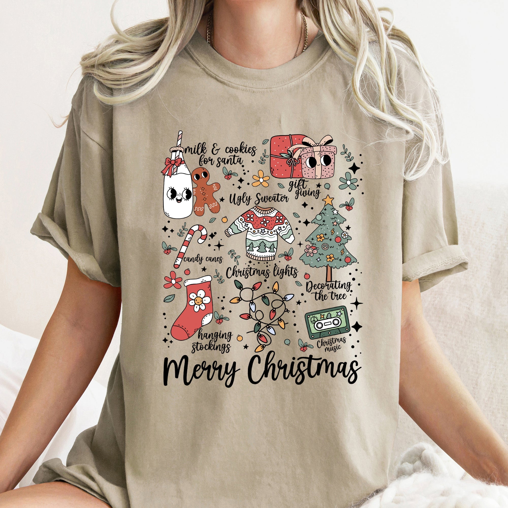 Merry Christmas Doodles Santa Stockings Tree Retro Holiday Edition Comfort Colors Tee