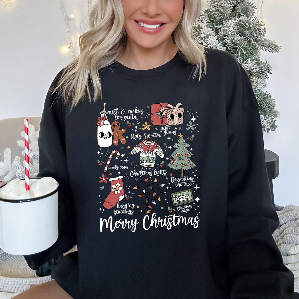 Merry Christmas Doodles Santa Stockings Tree Ornaments Snowflakes Vintage Retro Print Sweatshirt