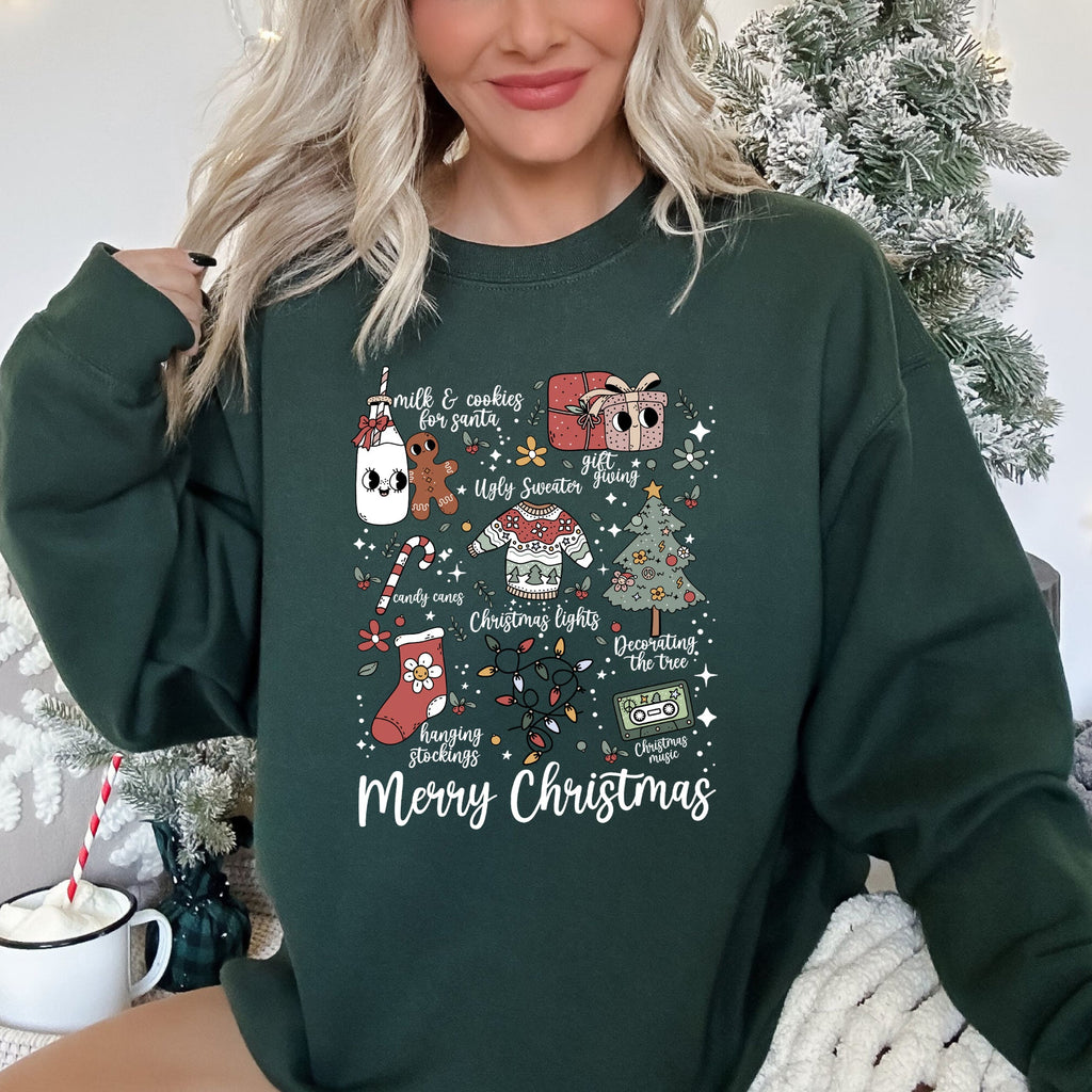 Merry Christmas Doodles Santa Stockings Tree Ornaments Snowflakes Vintage Retro Print Sweatshirt