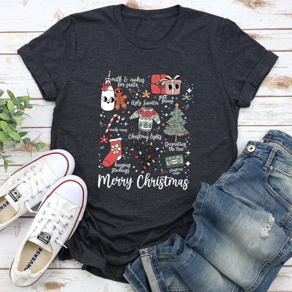 Merry Christmas Doodles Santa Stockings Tree Retro Cozy Vintage Holiday Illustration Graphic Tee